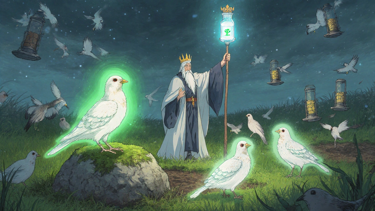 A flock of birds with health halos is healed by a mystical avian healer wielding a levamisole staff.