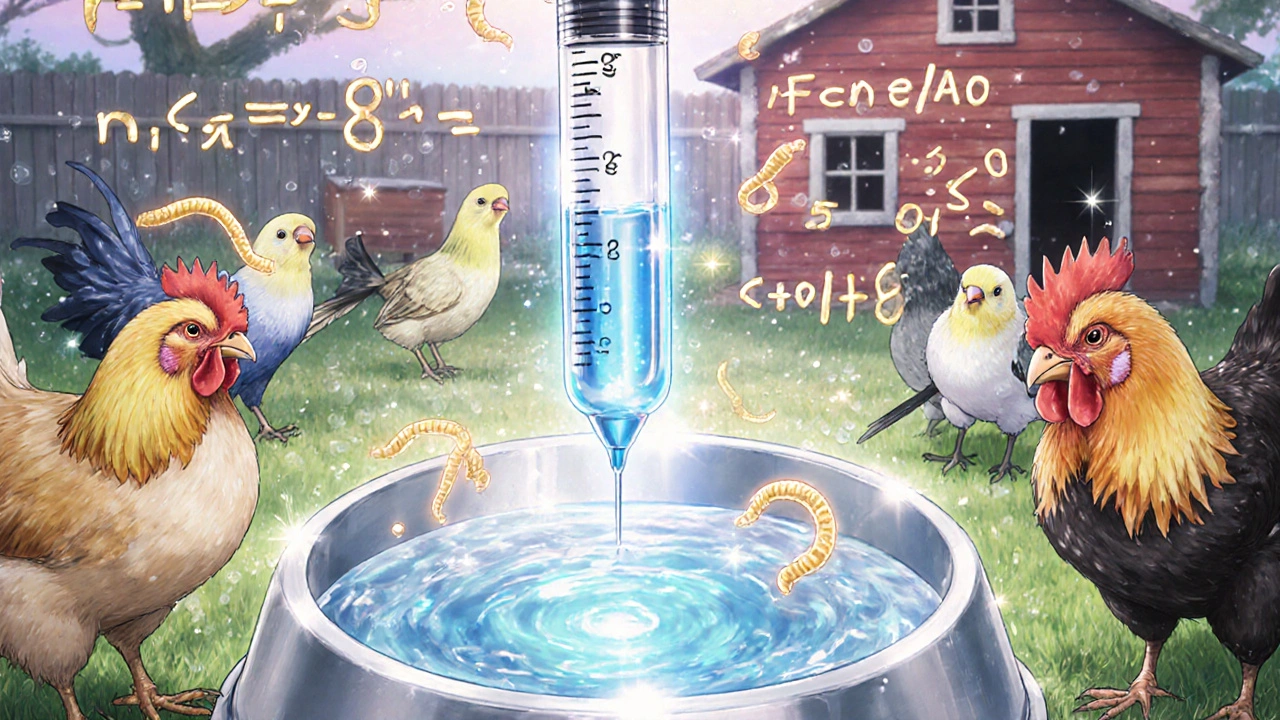 A precise syringe administers deworming liquid to a birdâs water bowl with floating dosage symbols.