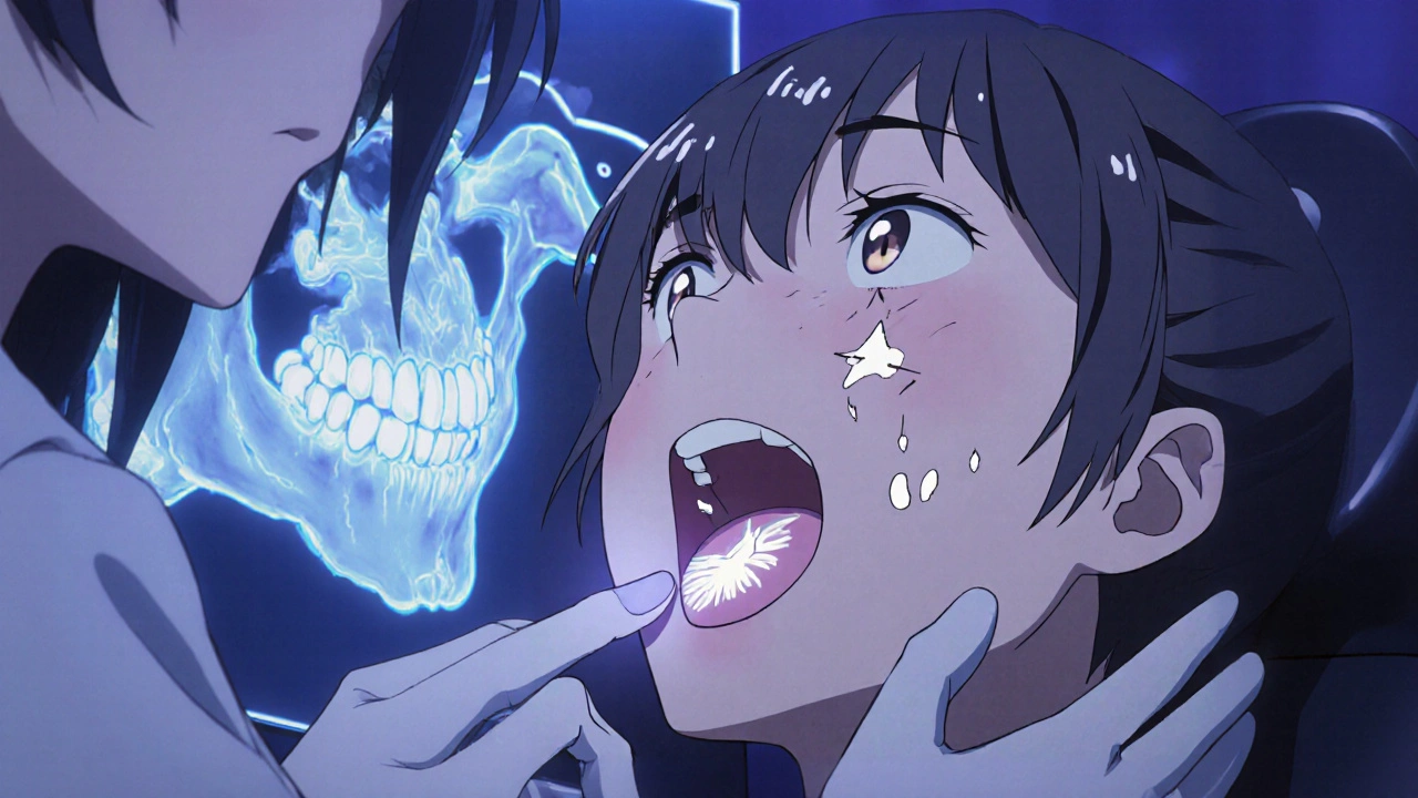 Anime dentist examines patient’s mouth showing dry lips and white patches with bone diagram.
