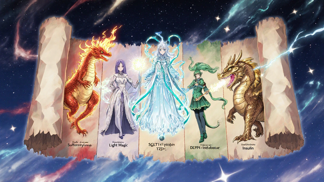 Anime fantasy battle with magical beings representing different diabetes drug classes.