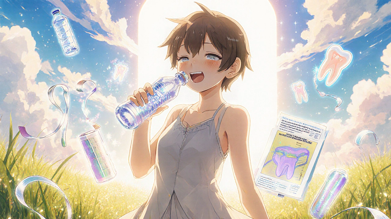 Anime hero smiles brightly, drinking water and chewing gum amid sparkling dental symbols.