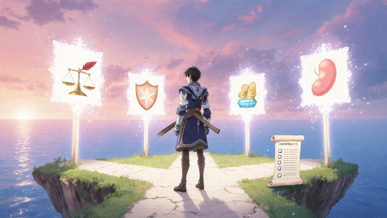 Anime protagonist at crossroads with glowing signposts for weight, heart, kidney, cost choices.
