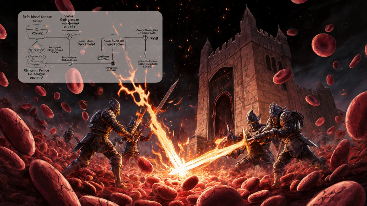 Battle scene of oxidative radicals attacking fragile red cells near a spleen fortress.