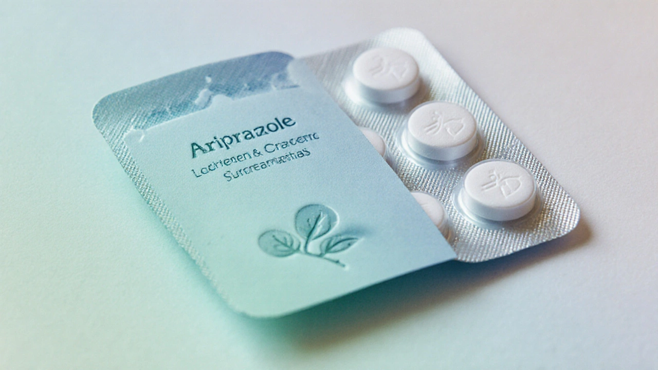 Close-up of generic aripiprazole blister pack showing pills and tamper‑evident seal.