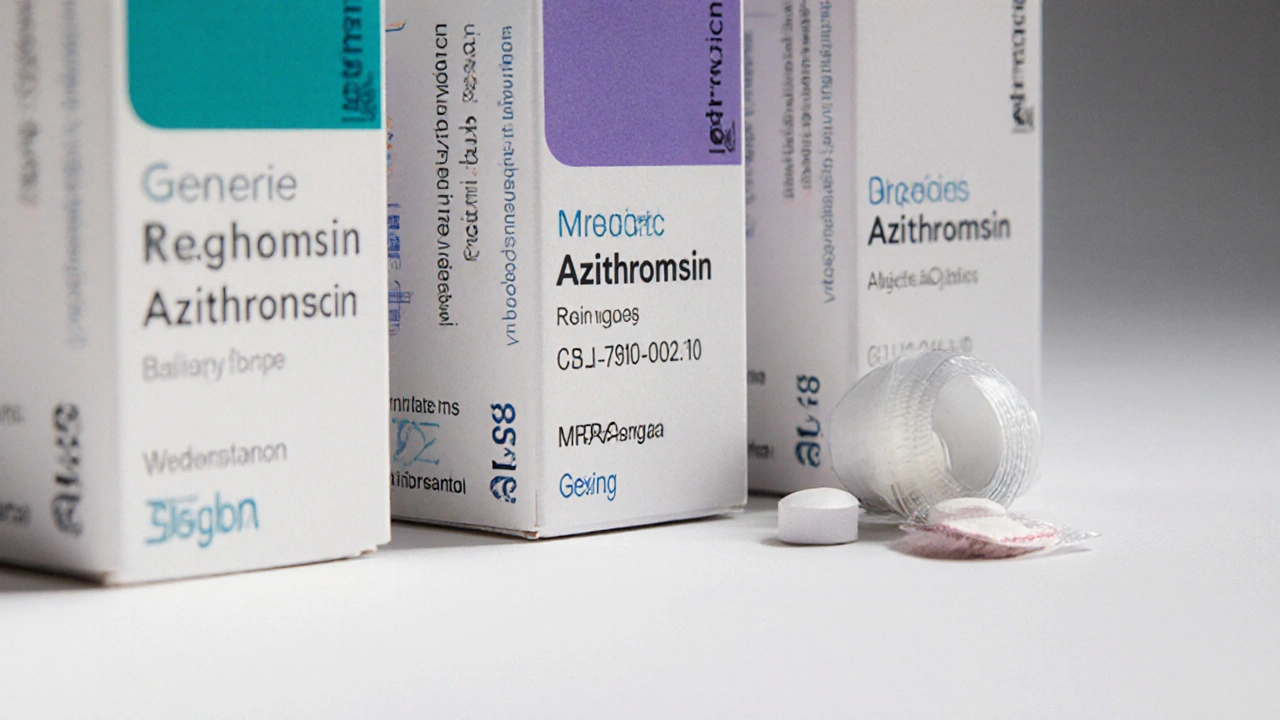 Close-up of three azithromycin boxes showing packaging and registration numbers.