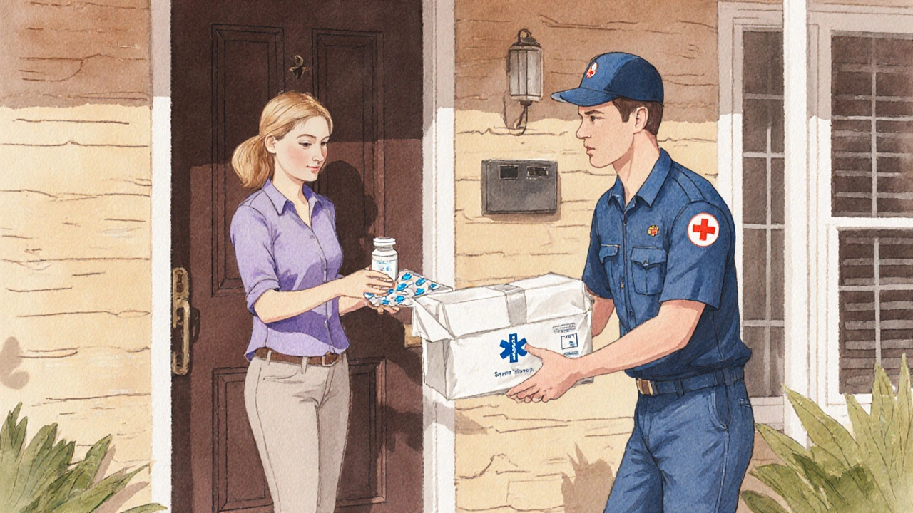Courier delivering a sealed medication package to a woman at her Australian home.