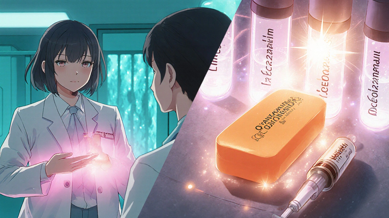 Doctor de‑escalates patient while glowing lab tests and meds are displayed.