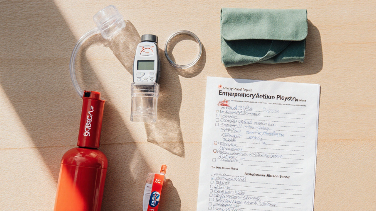 Emergency respiratory kit items neatly laid out on a table.