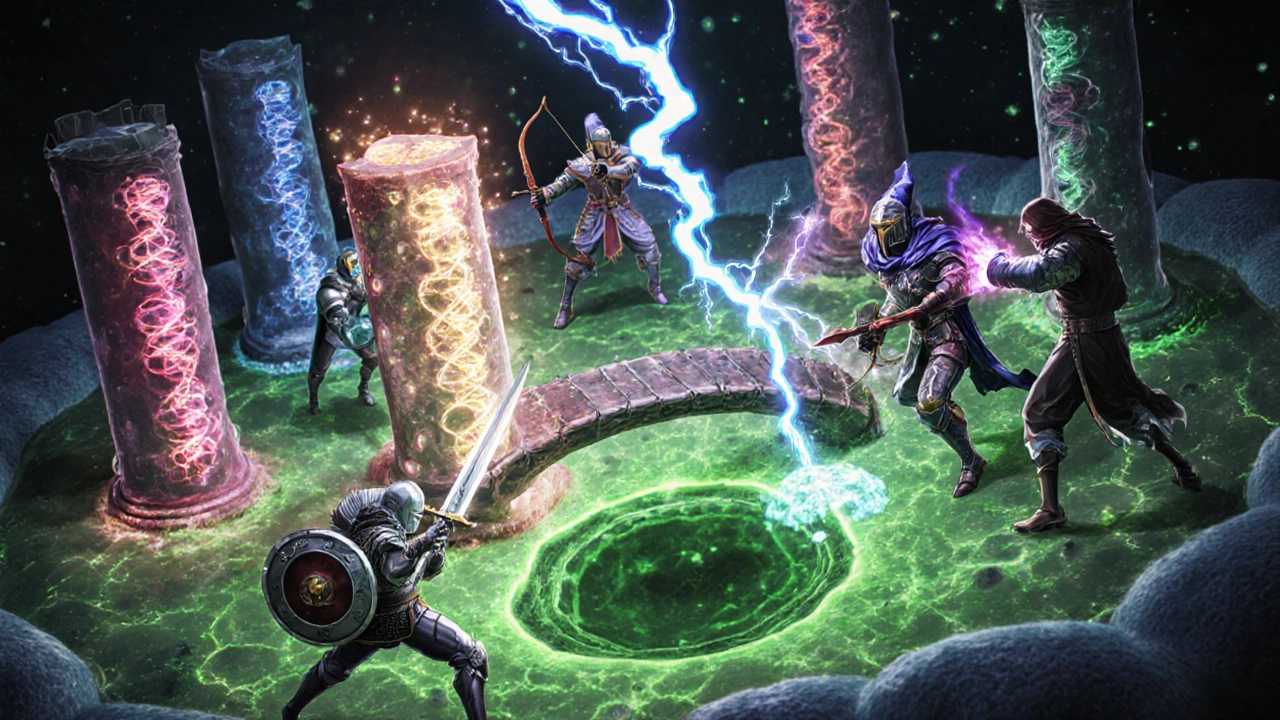 Fantasy battle inside a bacterial cell with heroic figures representing different antibiotics.