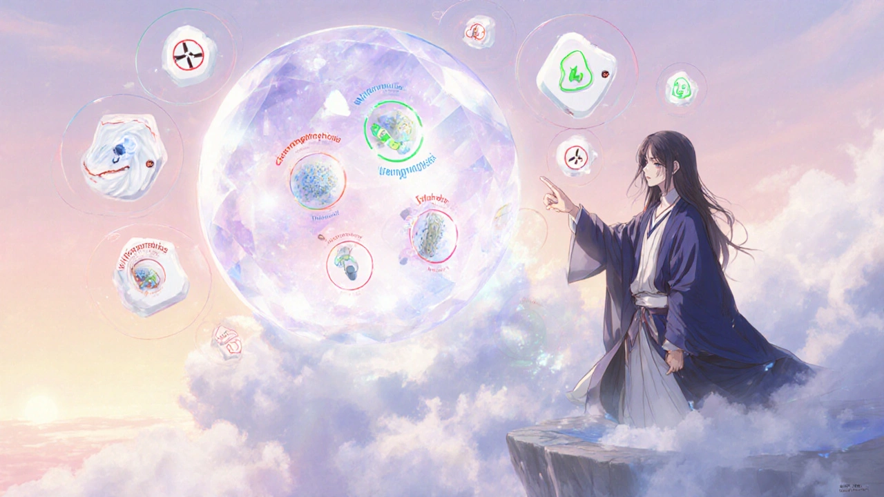 Floating sunrise clinic where a healer selects antibiotics amid glowing infection icons.