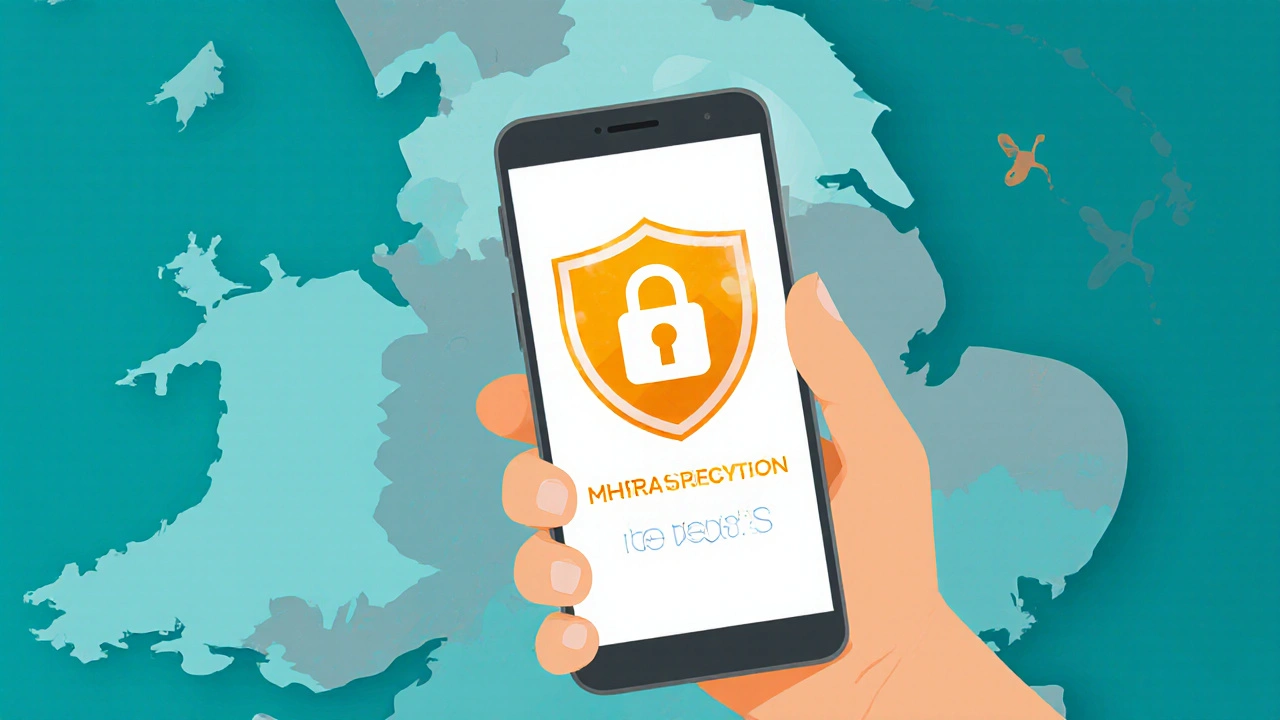Hand holding phone showing MHRA badge and padlock icon over UK map.