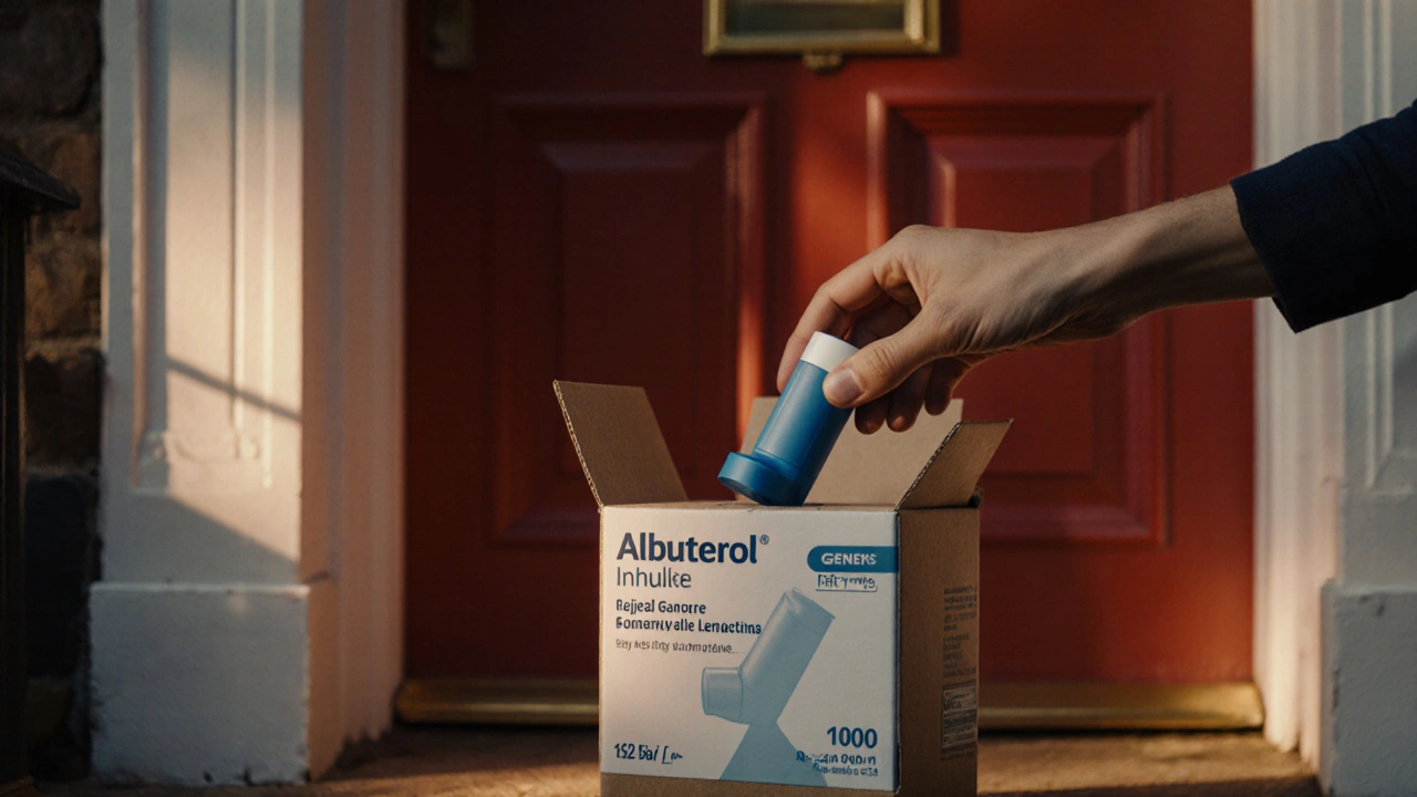 Hand opening a doorstep package to reveal a generic albuterol inhaler, checking the label.