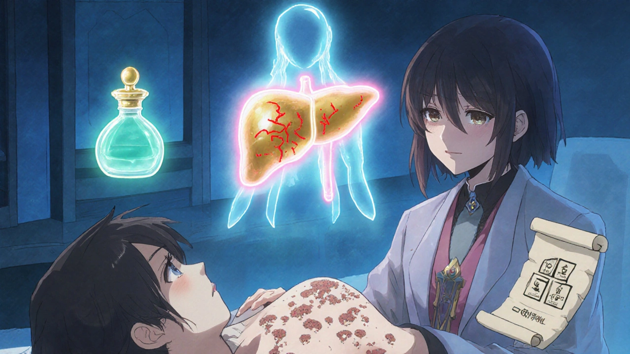 Healer treats patient as a golden liver spirit watches, with a glowing ketoconazole potion nearby.