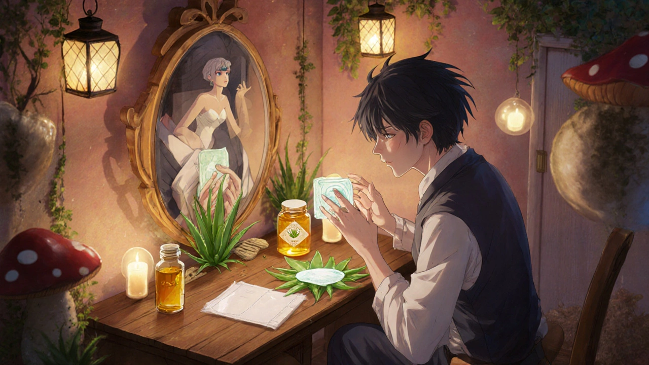 Hero applies aloe, honey, and silicone sheet on table of natural remedies in fantasy lab.