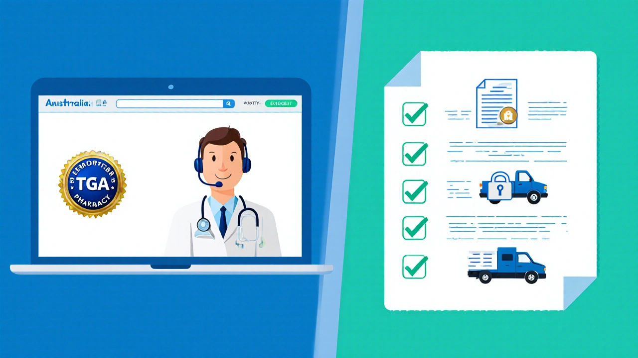 Illustration of an online pharmacy homepage with TGA badge and a checklist of safety icons.