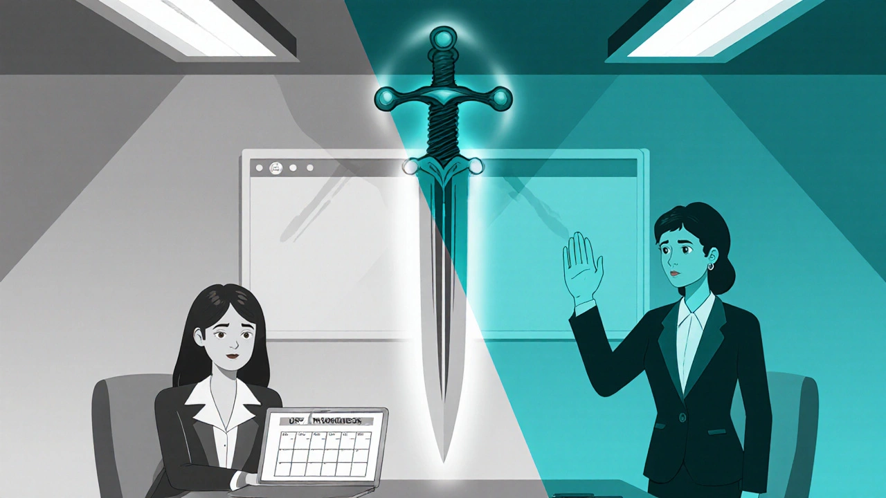 Illustration of workplace where a woman is dismissed about mood, overlaid with double‑edged sword symbol.