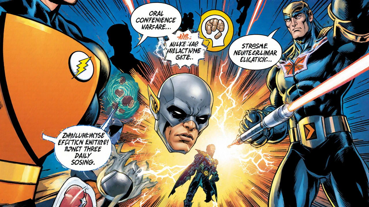 Medication superheroes in battle displaying tablets, inhaler, and syringe with advantage captions.