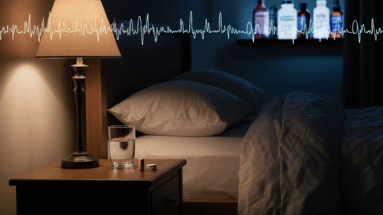 Nightstand with Trazodone pill, warm lamp light, and soft brainwave overlay above a sleeping person.