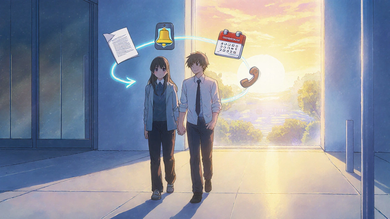 Patient and psychiatrist exit hospital at sunrise, portal to a peaceful realm behind them.