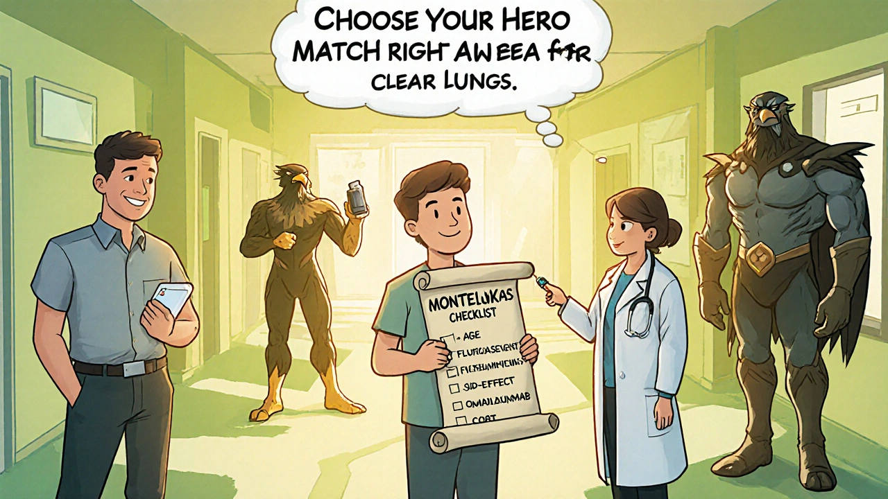 Patient at a crossroads choosing between medication heroes, guided by a doctor with a checklist.