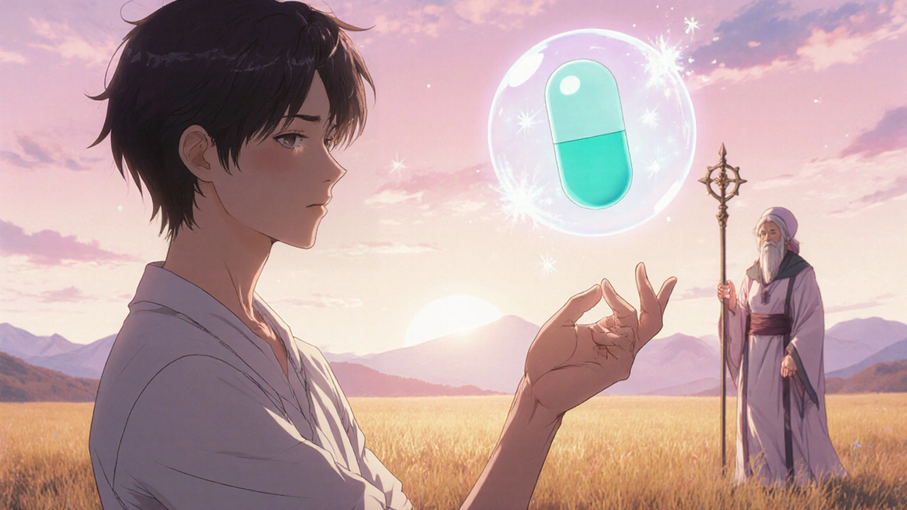 Patient relaxes in sunrise meadow with glowing pill orb and mentor figures.