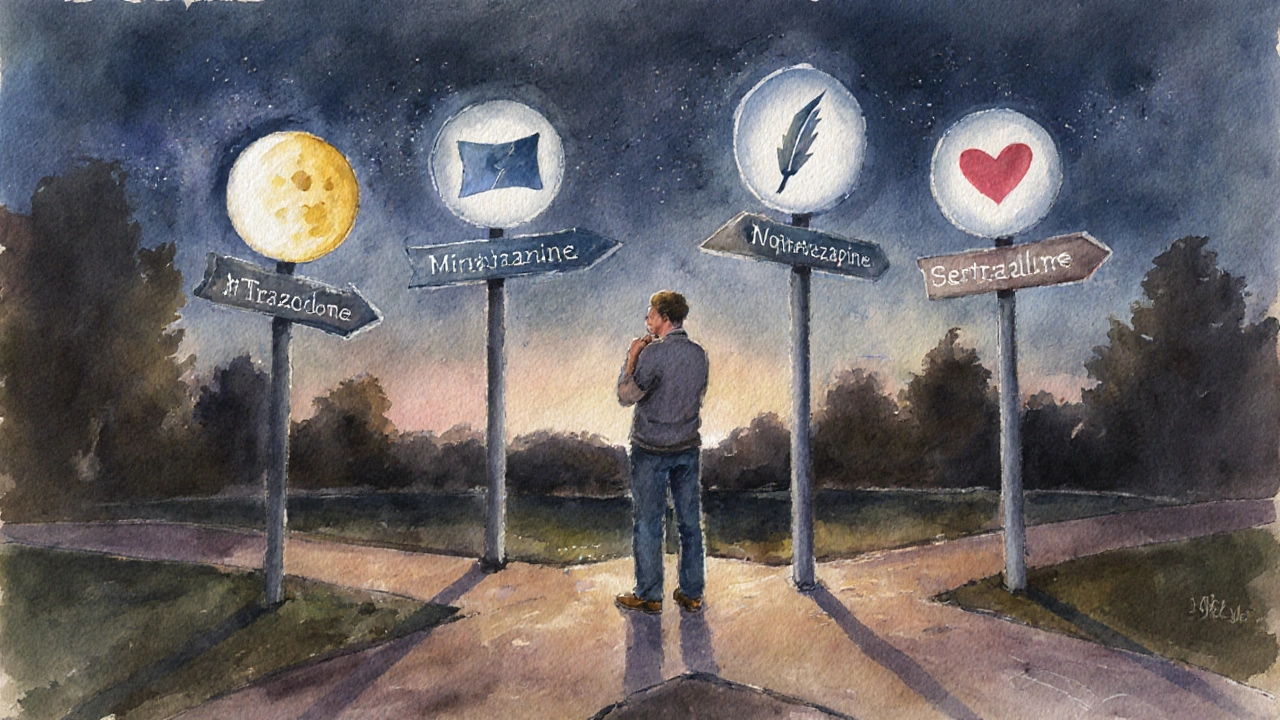 Person at a garden crossroads with signposts showing icons for different sleep and mood drugs.