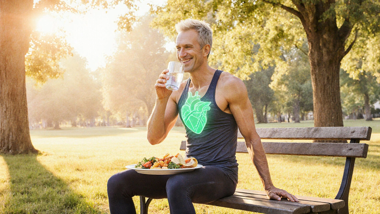 Person drinking water and eating a balanced meal in a park, with a glowing green heart above them.