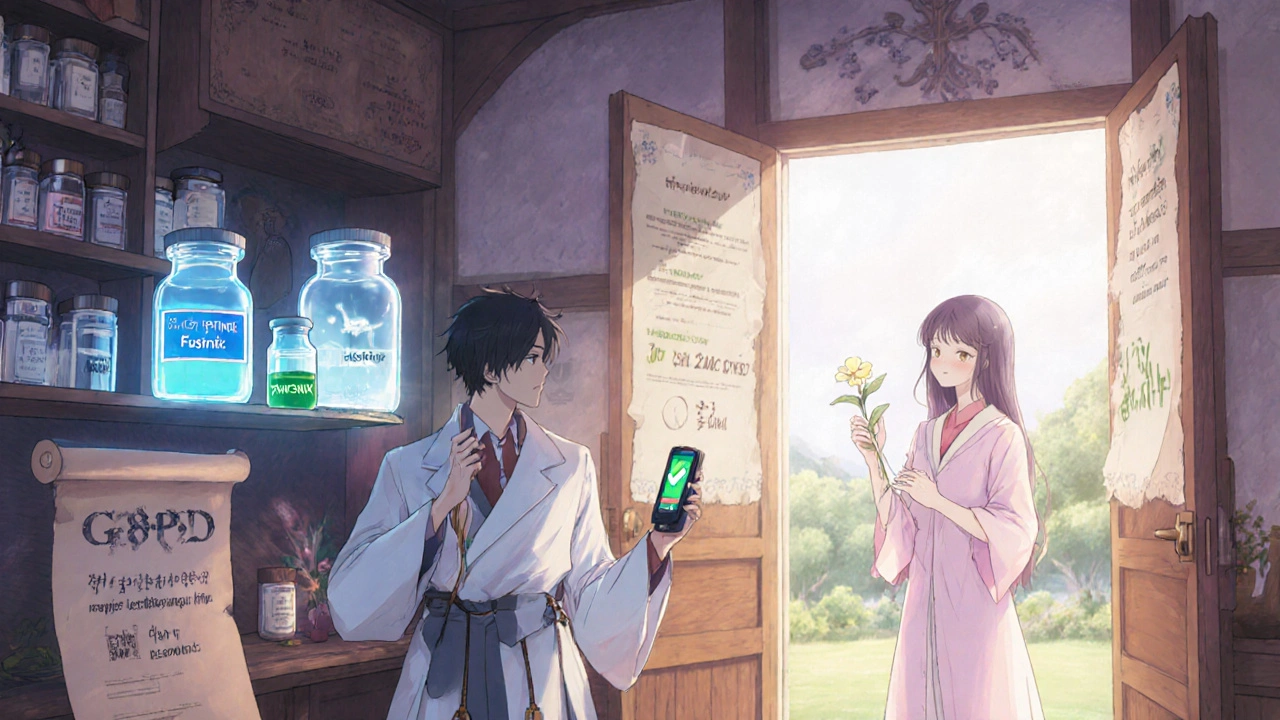 Physician choosing fosfomycin and TMP‑SMX in a bright apothecary with a G6PD test device.