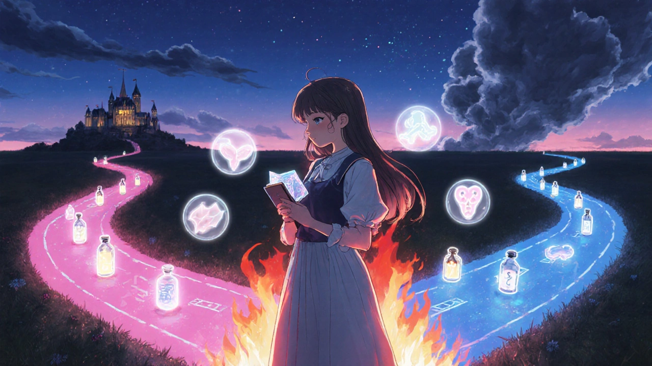 Protagonist at a twilight crossroads choosing between estriol, estradiol, and SERM paths.