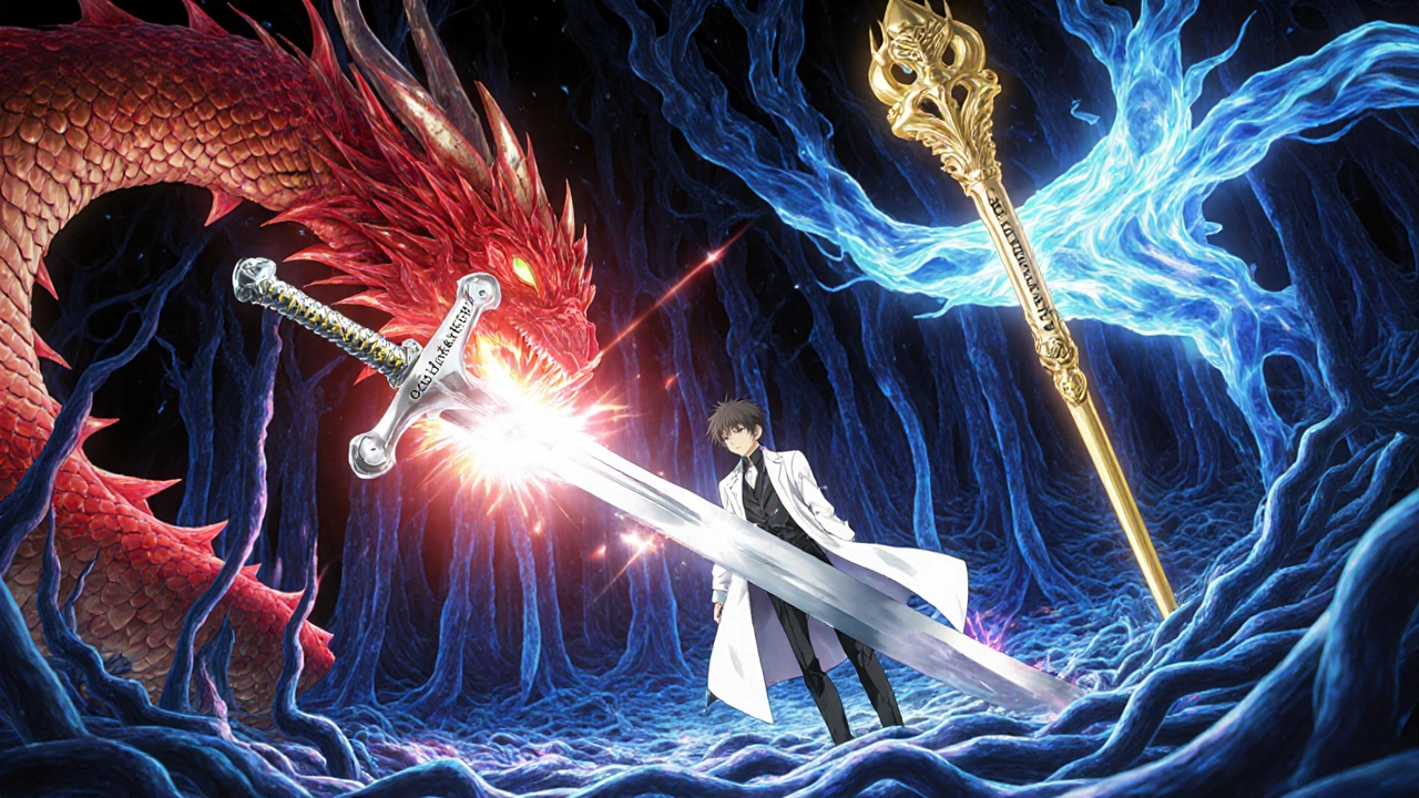Silver sword blocks red serpent while golden staff expands blue aura around vessels.