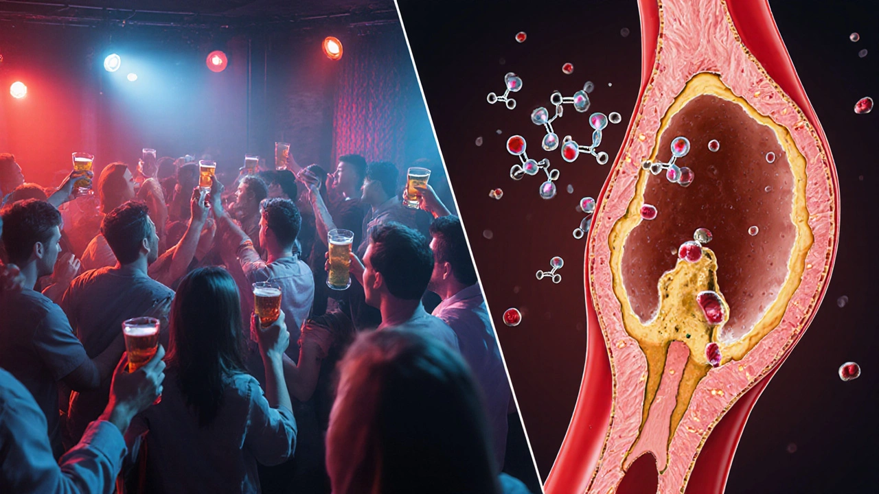 Split image showing a party scene beside a damaged coronary artery with alcohol symbols causing plaque.