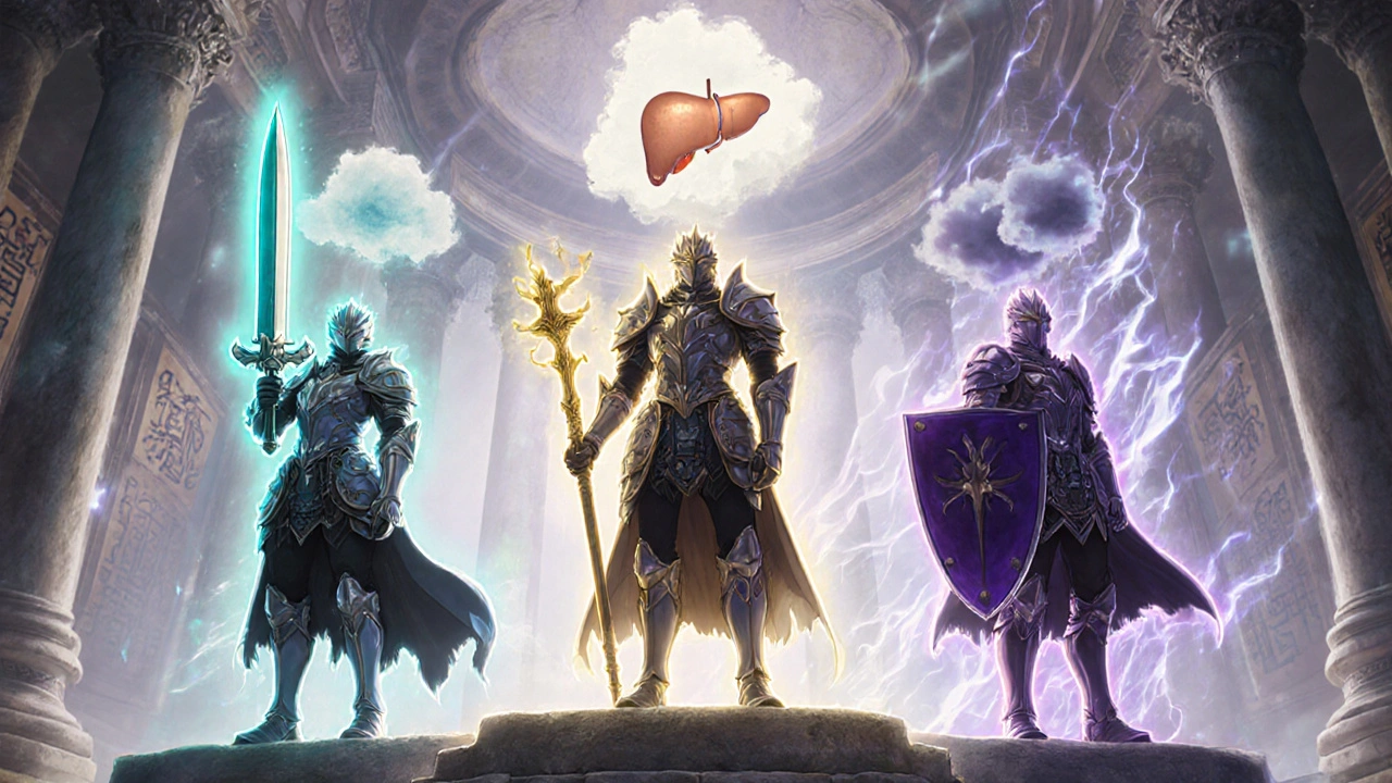 Three fantasy warriors holding teal blade, gold staff, and violet shield represent different azoles.