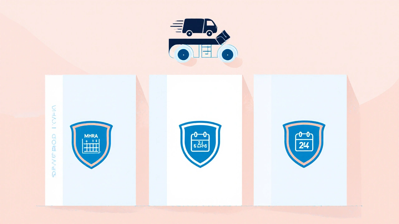 Three sealed inhaler boxes with approval badges and a delivery truck illustration.