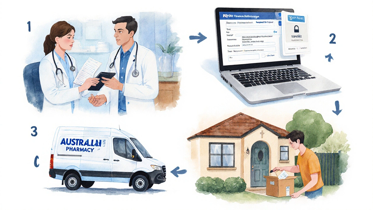 Watercolor collage of doctor consultation, e‑prescription upload, courier delivery, and patient opening box.