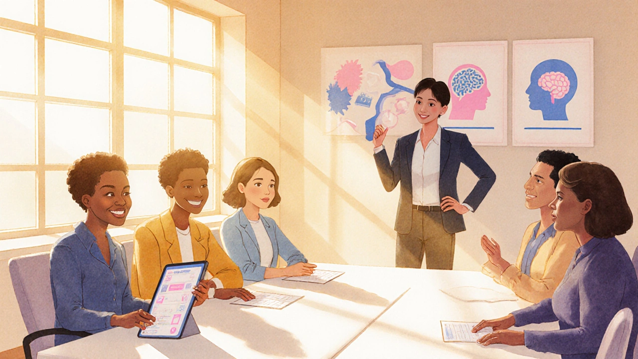 Watercolor scene of inclusive office meeting with supportive colleagues and mental‑health symbols.