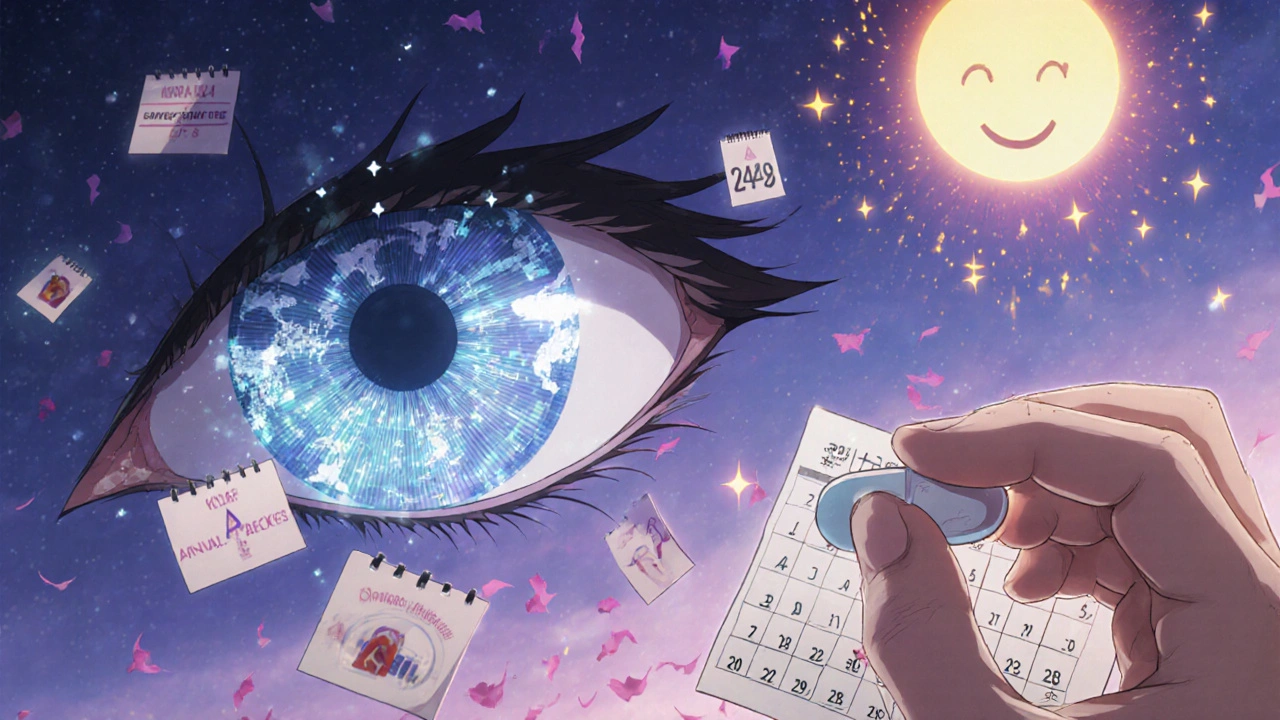 A detailed eye with a glowing retinal map and annual check-up reminders in soft twilight.