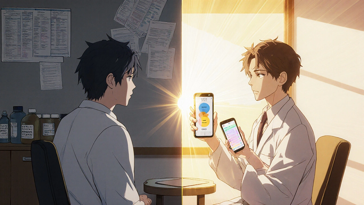 A doctor and patient in a split reality—cold medical side vs. warm, hopeful connected care.