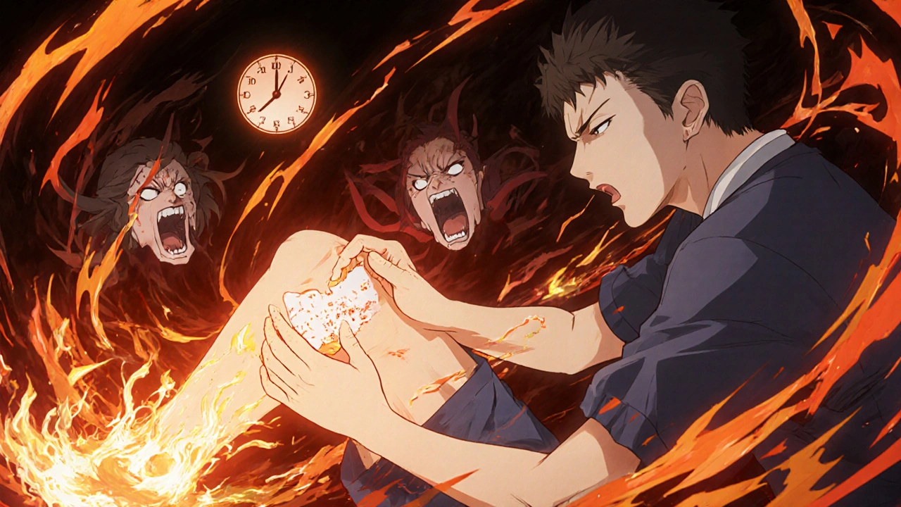 A healthcare provider applying a fiery capsaicin patch as energy waves engulf the leg.