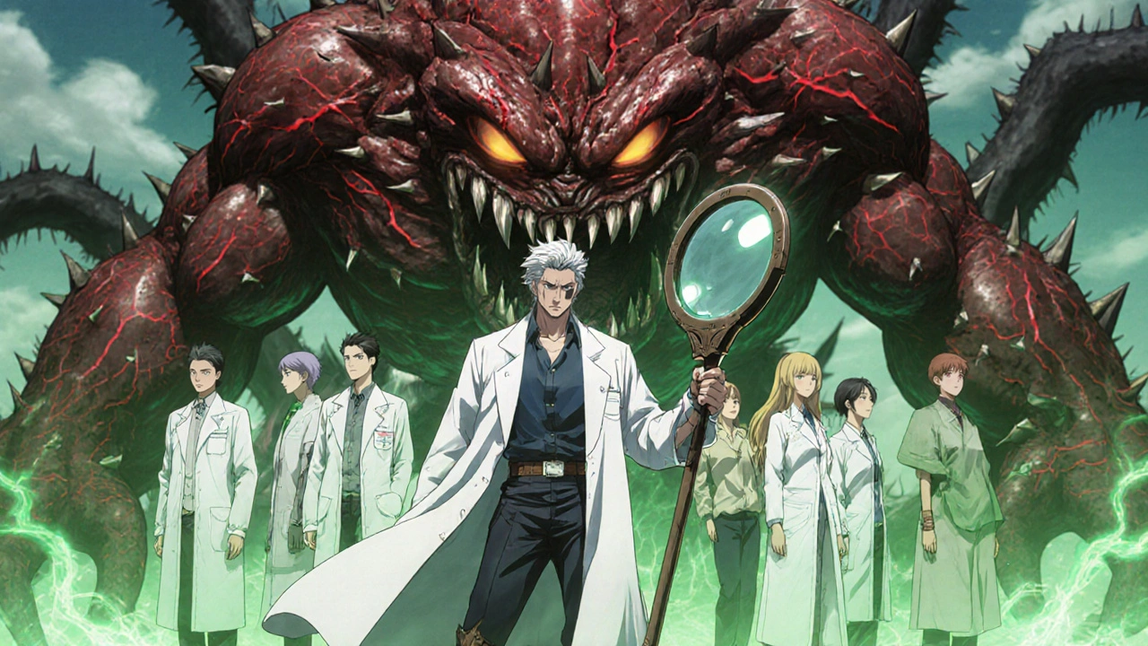 A lab-coat warrior fighting a corrupted immune monster while patients radiate calm light.