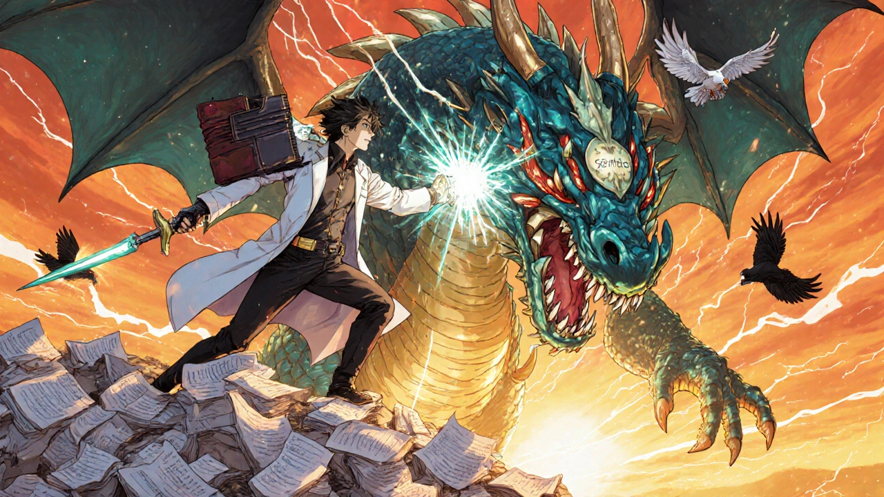 A medical hero fights a multi-headed underreporting dragon with AI birds aiding in a vibrant isekai battle scene.