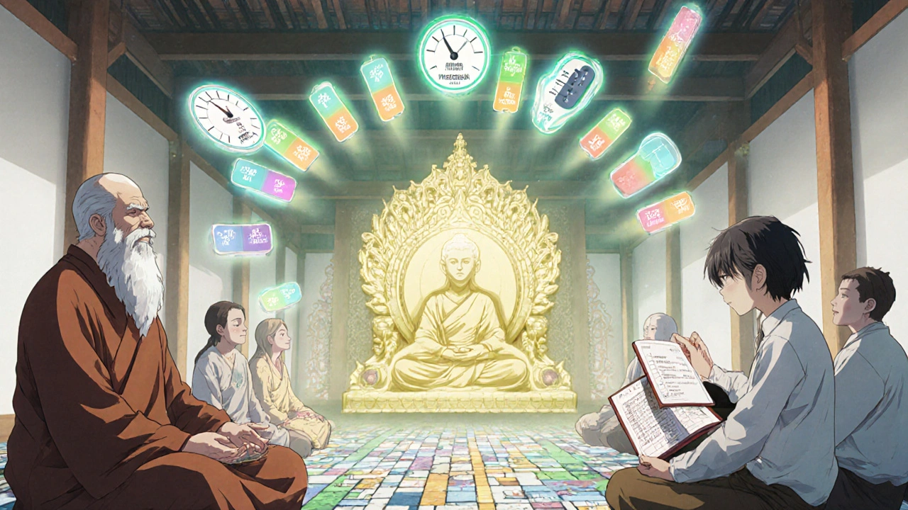 A patient choosing between Diltiazem and alternatives in a glowing anime temple with health gauges.