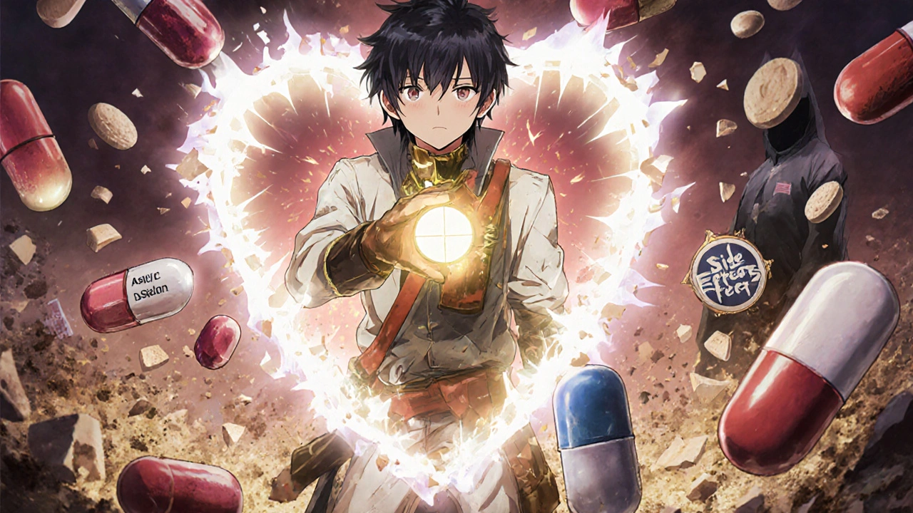 A patient holding a glowing fixed-dose combination pill that neutralizes shattered high-dose pills, forming a protective heart-shaped shield.