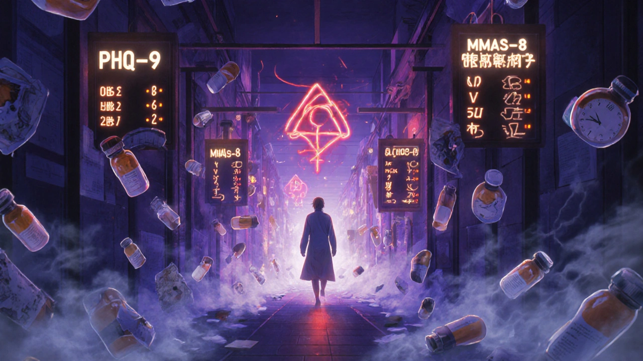 A patient lost in a labyrinth of floating prescription bottles and flickering depression scoreboards.