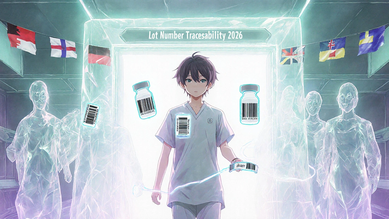 A patient steps through a portal into a future hospital where every biosimilar vial has a glowing traceable label.