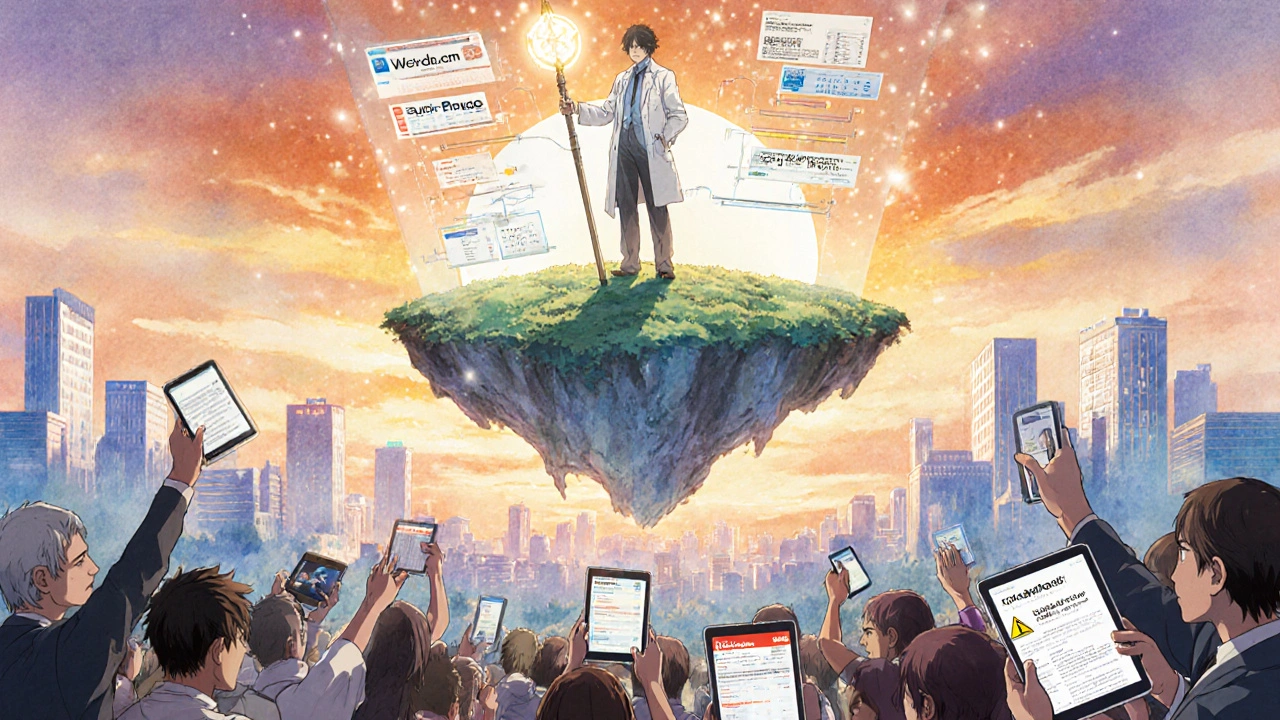 A pharmacist projecting a timeline of drug interactions while patients use different checker apps below.