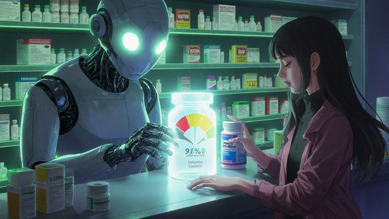 A robotic pharmacist scans a pill bottle that displays a holographic potency meter in a futuristic pharmacy.