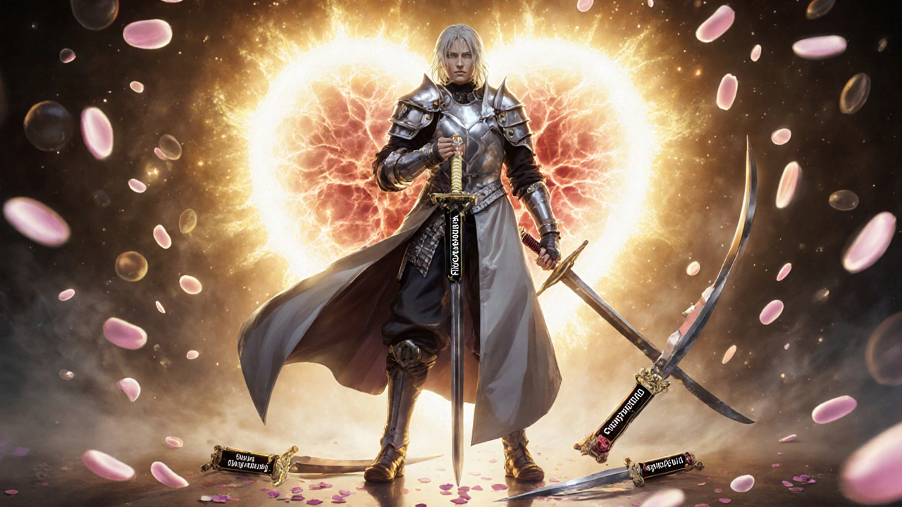 A warrior with pantoprazole sword stands beside a heart, defeating broken omeprazole weapons, anime style.