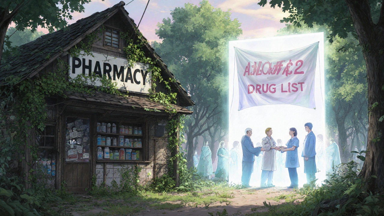 Abandoned pharmacy with a glowing portal showing a future where affordable generics are shared freely.