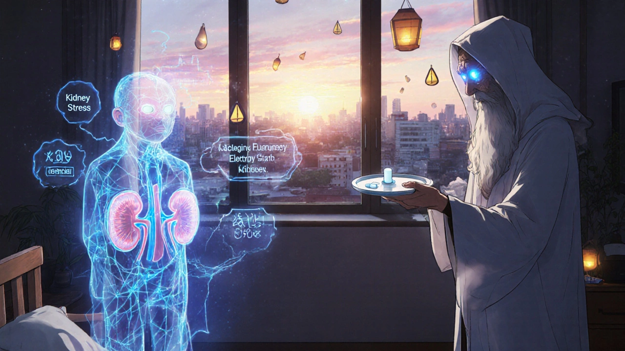 An elderly person receiving a single combination pill from a glowing pharmacist, while medical warnings fade away in a serene home setting.