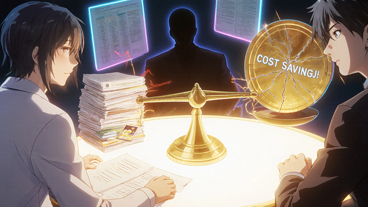Doctor and patient at a glowing balance scale table, patient’s side weighted by medical documents, insurance as a shadowy figure with a coin.